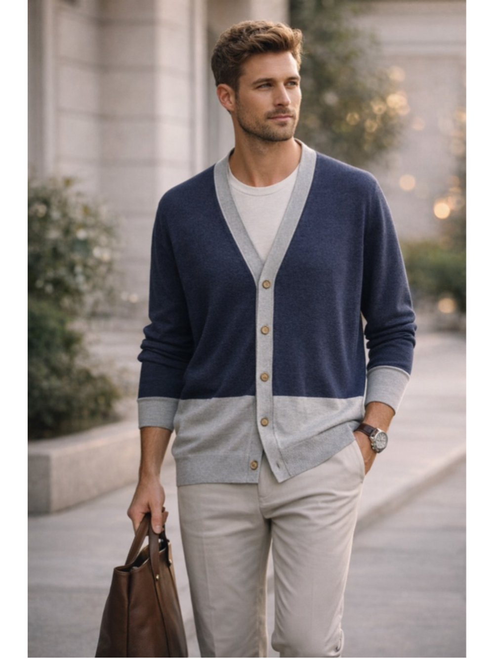 Boss Orange Cardigan Men's XL Linen Blend Colorblock Preppy Academia Navy Gray